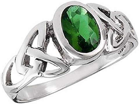 Sterling Silver Celtic Ring with Oval Synthetic Emerald Size 7
