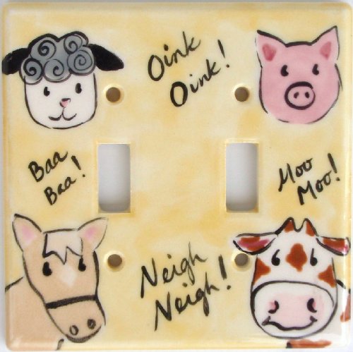 Ceramic Double Switch Plate Farm Animals
