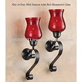 Red Hammered Glass and Metal Wall Votive Sconce Candle Holder Set of 2