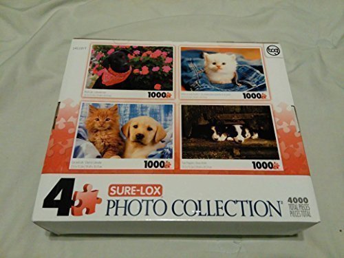 Sure-Lox Photo Collection Puzzle Set of 4: Black Lab,Kitten in Jean Pocket, Cat & Lab, Two Puppies