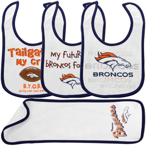 NFL Infant/Toddler Boys' Denver Broncos 4-Piece Bib and Burp Set (Team Color, One Size)