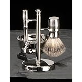 Four Piece Shaving Shave Set with 'Mach 3' Razor, Badger Brush, Soap Dish On Chrome Plated Stand