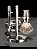 Four Piece Shaving Shave Set with 'Mach 3' Razor, Badger Brush, Soap Dish On Chrome Plated Stand