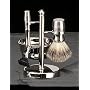 Four Piece Shaving Shave Set with 'Mach 3' Razor, Badger Brush, Soap Dish On Chrome Plated Stand