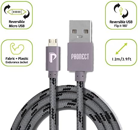 PHONECT High Speed 2.0A Double-Side Type-A USB to Double-Side Micro USB Data Sync &amp; charging cable 3.9ft Nylon Braided and Aluminum Shell for Android Phones, Samsung, HTC,LG, Wacom and more-Gray