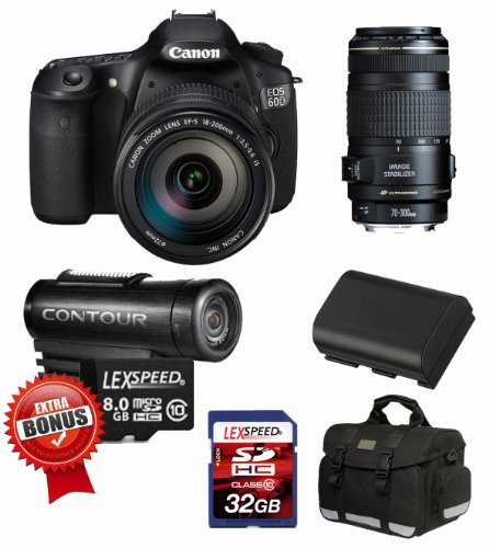 Canon EOS 60D 18 MP CMOS Digital SLR Camera with 3.0-Inch LCD and EF-S 18-200mm f/3.5-5.6 IS Standard Zoom Lens + Canon EF 70-300mm f/4-5.6 IS USM Lens + LEXSpeed 32GB SDHC Class10 Memory Card + Deluxe Camera Bag + 2pc Filter Kit + Spare Battery + 8GB microSDHC Memory Card + BONUS Action Wearable HD Camcorder