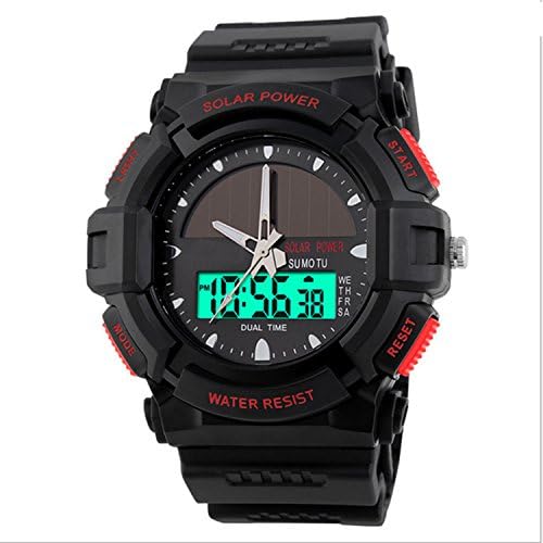 Solar Watches for Men, JIGE Solar Powered Quartz Watch 2 Display Multifunctional Sports Watch(Red)