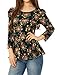 Allegra K Women Floral Prints 3/4 Sleeves Scoop Neck Peplum Top Navy Blue S