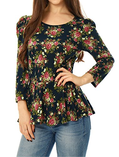 Allegra K Women Floral Prints 3/4 Sleeves Scoop Neck Peplum Top Navy Blue S
