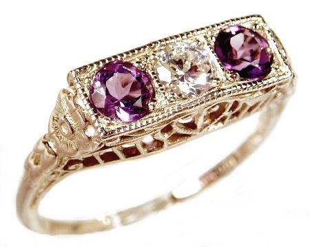 14k White Gold Edwardian Style Filigree Amethyst and Diamond Ring