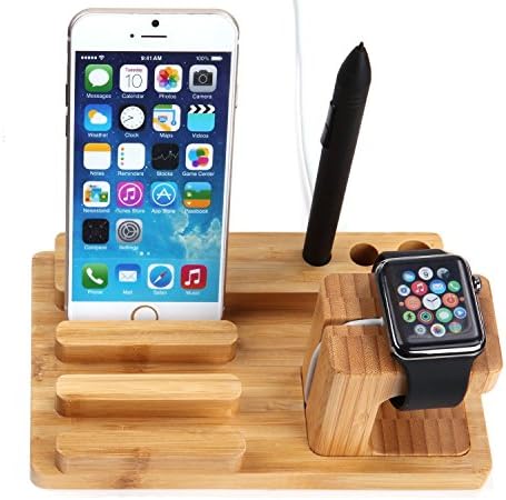IntriDesign Apple Watch Stand, [the Ultimate Docking Solution] Bamboo Wood Charge Station for Apple Watch, iPhone and iPad