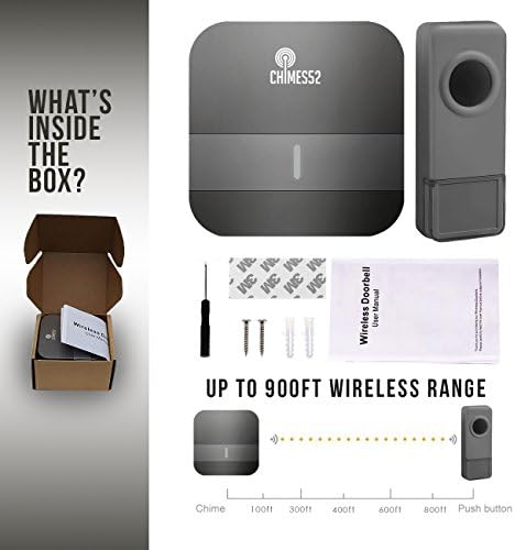 Wireless Doorbell Home Kit With Over 50 Chimes Variety, LED Blinking Light Indicator With a 900 Foot Range No Batteries Required for Receiver (Gray) by Chimes52