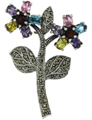 Sterling Silver Marcasite Double Flower Brooch Pin w/ Round & Oval Cut Multi Color Stones, 2 3/16 in. (55mm) tall
