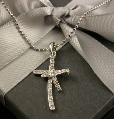 Click here to buy 18K White Gold Plated Simulated Diamond Cross Chain Set.