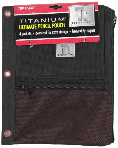 Top Flight Titanium Zipper Pencil Pouch with 4 Pockets, 8.125 x 9.75 Inches, 1 Pouch, Black/Red (4511636)