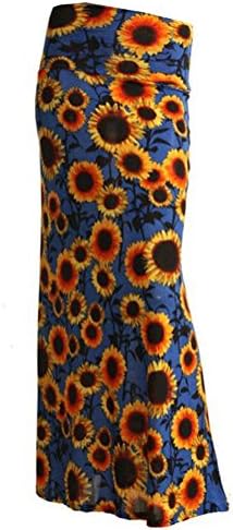Azules Women's Stretchy Slinky Fabric Maxi Skirt (Small, Sunflowers-Blue)