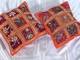 2 ORANGE INDIA HOME DECOR DESIGNER BED PILLOWS CUSHIONS