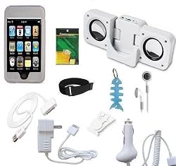 10 In 1 Accessory Bundle Combo for Apple Ipod Touch 2nd Generation and 3rd Generation 8GB 16GB 32GB: Clear/White Silicone Skin Case Cover, USB 2in1 Data Sync Cable, Car Charger, Wall / Travel / AC Adapter Charger, 3.5mm Stereo Headset, Belt Clip, Armband, Portable Foldable Speaker Dock, LCD Screen Protector and Light Blue Fishbond Style Keychain