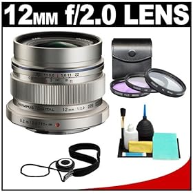 Olympus M.Zuiko 12mm f/2.0 ED Digital Lens (Silver) with 3 UV/PL/FLD Filter Set + Accessory Kit for PEN Micro 4/3 E-P1, E-P2, E-P3, E-PL1, E-PL2, E-PL3, E-PM1 Cameras
