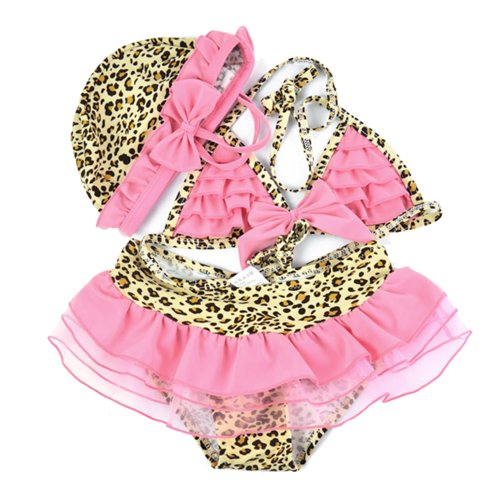 Girl Cream Brown Leopard Ruffle Tutu Lace Bikini Swimsuit with Cap for Ages 2-6 (3T(80-90CM))