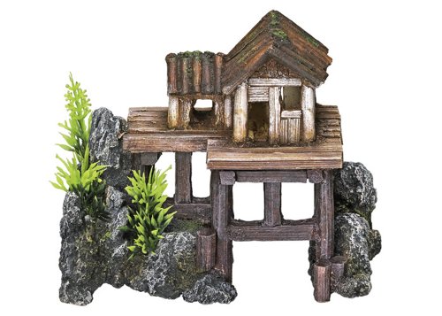 Aquarium Dekoration Aqua Ornaments \"HOLZHAUS\" mit Pflanzen; L15,5 x B8 x H12 c Preisvergleich