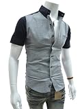 TheLees (AL204) Mens Casual Slim Fit Front Checker Patched Stretchy Short Sleeve shirts Navy Large(US Small)