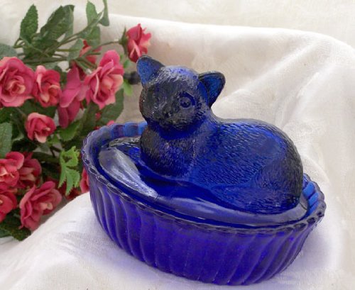 Cobalt Blue Glass Cat Dish