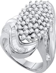 1.00 Carat (ctw) 10K White Gold Round & Baguette Cut White Diamond Ladies Cluster Right Hand Ring 1 CT