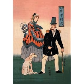 English Couple with Dog Look at Painting 28x42 Giclee on Canvas