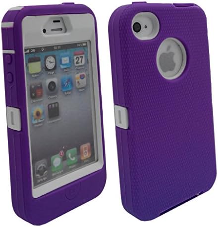 Iphone 4S case, Lucky On Durable Protective Dual Layer Hybrid Armor Defender Heavy Duty Shell Shockproof Case built-in Transparent Screen Protector for iPhone 4 4S (Purple &amp; White)