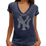 MLB Touch by Alyssa Milano New York Yankees Ladies Fade Route Premium Burnout Low V-Neck T-Shirt - Navy Blue (Large)