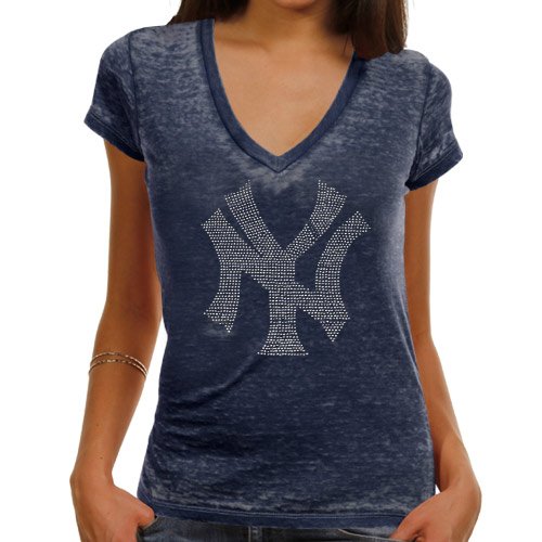 Touch by Alyssa Milano New York Yankees Ladies Fade Route Premium Burnout Low V-Neck T-Shirt - Navy Blue (Small)