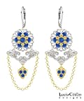 Victorian Style Lucia Costin Flower Earrings Made of .925 Sterling Silver with 24K Yellow Gold Plated over .925 Sterling Silver 6 Petal Flower and Blue Swarovski Crystals and Falling Chains, Set with Fancy Details and Cute Charm