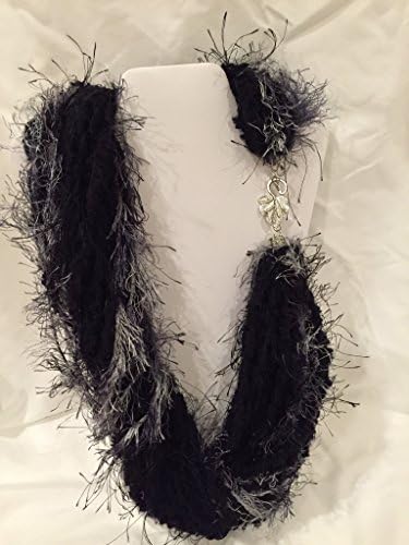 Black and Grey Riot Eyelash Stranded NeckScarf. Handmade - BoHo Chic Fluffy with Tibetan Leaf Toggle/Bar clasp