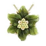 14K Yellow Gold Exotic Carved Blossom Pendant with Diamonds-Multi Bamboo Jade-Peridot ,w o Chain