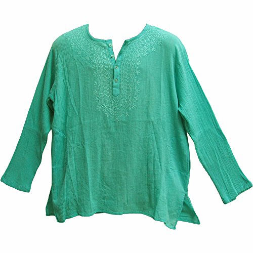 Mens Indian Bohemian Crinkled Gauze Cotton Embroidered Tunic Shirt Kurta Aqua Blue