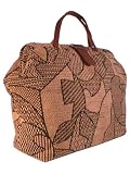 ArtisanStreet's Tan  Black Cubism Chenille Carpet Bag with Detachable Shoulder Strap, Leather Handles  Fastener. Made to Order Bag Features Modern Cubism Design in Soft Chenille Fabric. Use as an Overnight Bag or Even as a Briefcase.