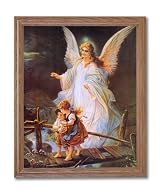 Guardian Angel With Children On Bridge Religious Home Decor Wall Picture Oak Framed Art Print
