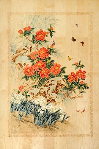 BNQJ-100% Hand Painted Traditional Chinese Painting Flower Camellia and Narcissus Wall Art 31.5"Wx47.2"Hx0.59"T