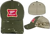 Miller High Life Beer Hat - Distressed Mesh Flex Fit Olive Baseball Cap