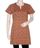 IMAGE OF Valentine Present Women Rajrang Half Sleeves Collar Deep Straight Neck Line India Boho Bollywood Block Print Work Brown Cotton Yoga Kurti Tunic Top Blouse