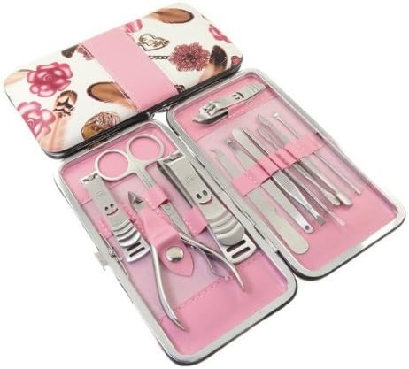 Sandra Shop 12pcs Flower Series Stainless Steel Manicure Pedicure Set ,Travel &amp; Grooming Set, Personal Care Tools, Nail Scissors Nail Clippers Kit with Leather Case