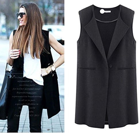 Women's Lapel Sleeveless Long Waistcoat Vest One Button (X-Large, Black)