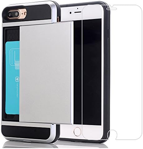 iPhone 7Plus Case+Screen Protector, Small7 Wallet Cover iPhone 7Plus Card Slot Case Protective Shell Rubber Bumper Case Anti-scratches Hard Cover Card Holder Wallet Case for iPhone 7Plus(Silver)