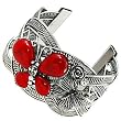 Burnished Silvertone Imitation Coral Stone Butterfly Cuff Bracelet Fashion Jewelry