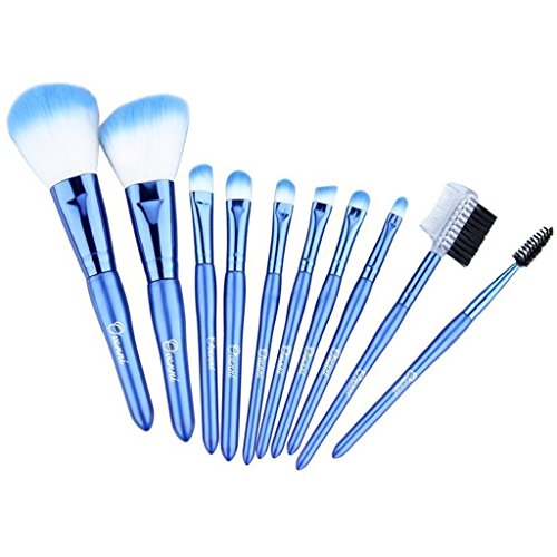 10 Pcs Makeup Brush Set Korean Synthetic Hair and Pearl Blue Leather Bag Case, Including Powder Trimming Brush, Angled Eyeshadow Brush, Nose Eyeshadow Eyebrow Eyelash Brush, Lip Brush and Comb Brush