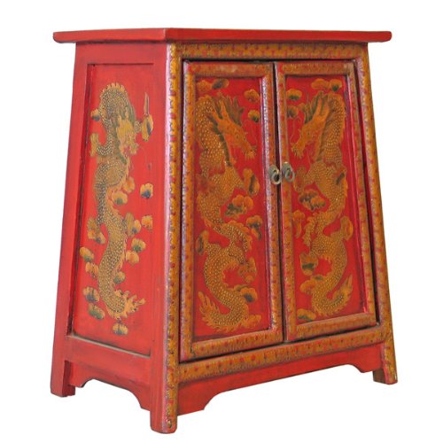 EXP Handmade Asian Furniture 24-Inch Red Tibetan Cabinet/End Table with Gold Chinese Dragon Motif