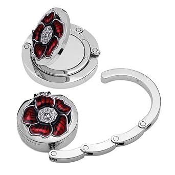 Designer Collection Red Glass Flower Magnetic Foldable Purse Hook hanger with Hidden Mirror
