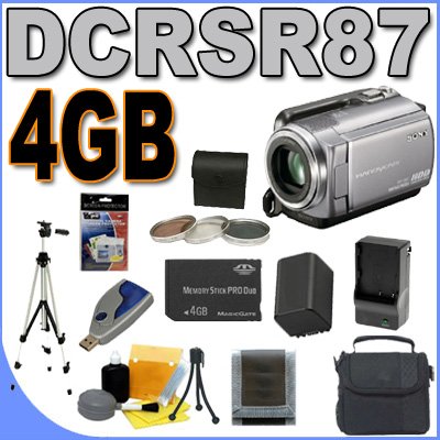 Sony DCR-SR87 Handycam 80GB HDD 1MP Camcorder w/25x Optical Zoom BigVALUEInc Accessory Saver 4GB FH100 Battery/Rapid Charger Filter Kit Bundle