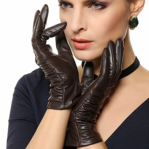 WARMEN Elegant Women Genuine Nappa Leather Gloves with Partial Ruched Decoration